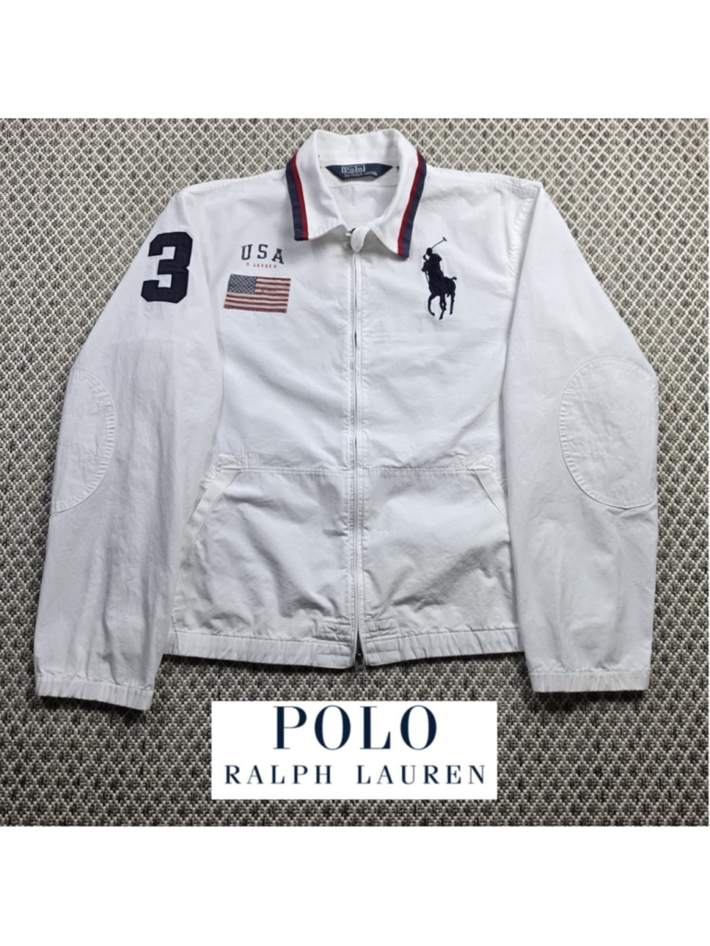 Vintage Polo Ralph Lauren Mens L USA Flag Big Pony #3 Full Zip Jacket White